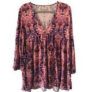 Free People XS Bell Sleeve Babydoll Peasant Top Purple Pink Gold Paisley Flowy